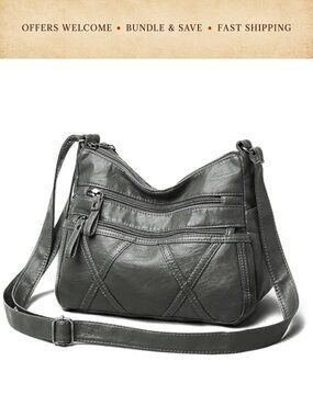 Washed PU Leather Crossbody Bag Lightweight Multi-Pocket Shoulder Purse